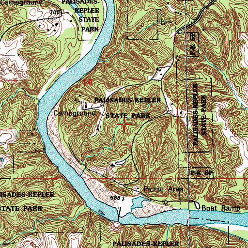 Topographic Map of Palisades-Kepler State Park, IA
