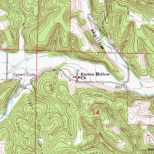 Topographic Map of Barren Hollow Church, AR