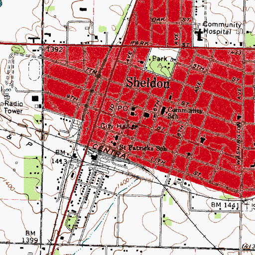Topographic Map of Sheldon City Hall, IA