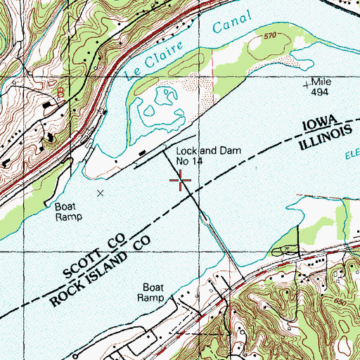 Topographic Map of Locks and Dam 14, IA