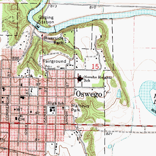 Topographic Map of Oswego Neosho Heights Elementary School, KS