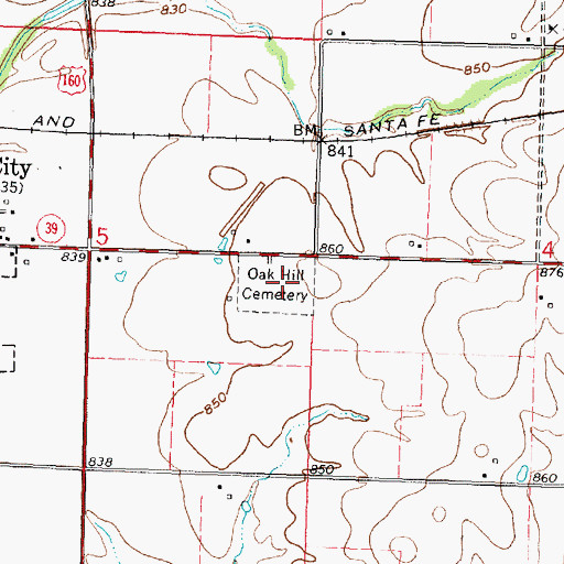 Topographic Map of Oak Hill Cemetery, KS