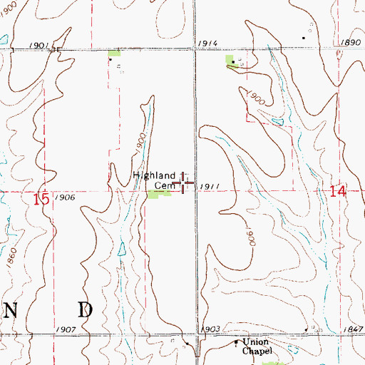 Topographic Map of Highland Cemetery, KS