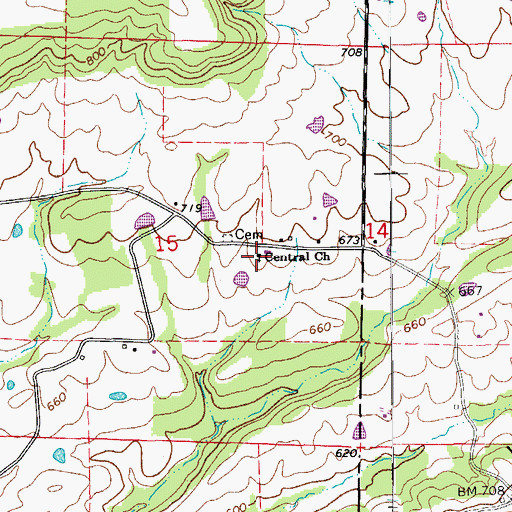 Topographic Map of Central Church, AR