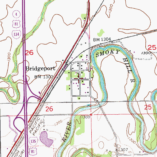 Topographic Map of Bridgeport, KS