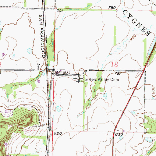 Topographic Map of Green Valley Cemetery, KS