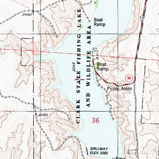 Topographic Map of Clark State Fishing Lake and Wildlife Area, KS