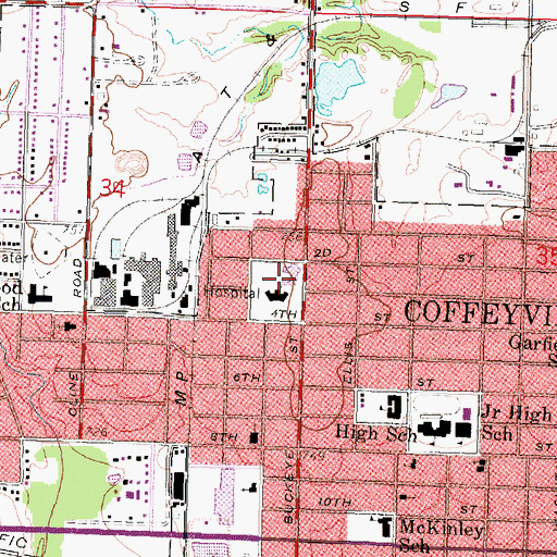 Topographic Map of Coffeyville Memorial Hospital Airport, KS