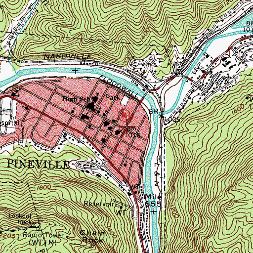 Topographic Map of Pineville, KY