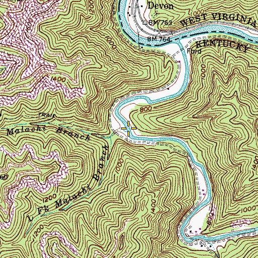 Topographic Map of Right Fork Malachi Branch, KY