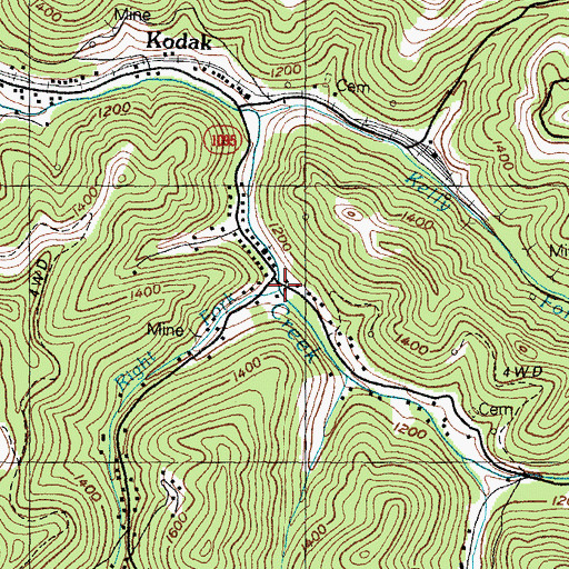 Topographic Map of Right Fork Montgomery Creek, KY