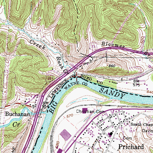 Topographic Map of Rush Creek, KY