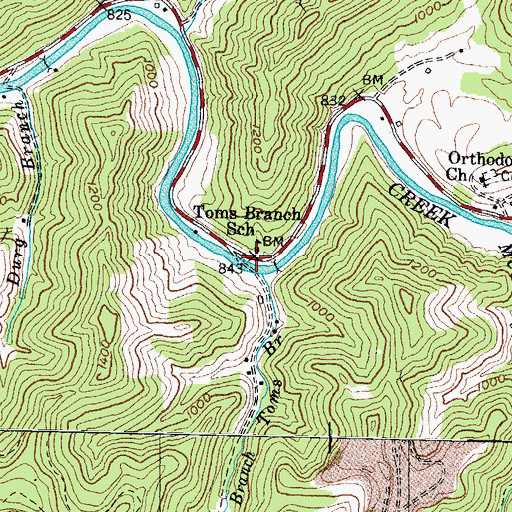 Topographic Map of Toms Branch School, KY