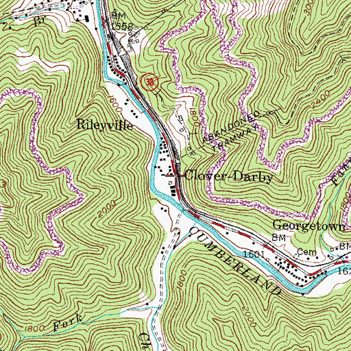 Topographic Map of Clover-Darby, KY
