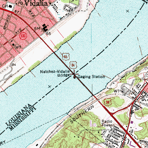 Topographic Map of Natchez-Vidalia Bridge, LA