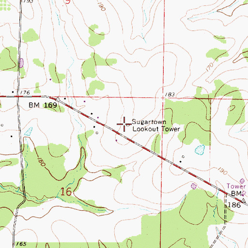 Topographic Map of Sugartown Lookout Tower, LA