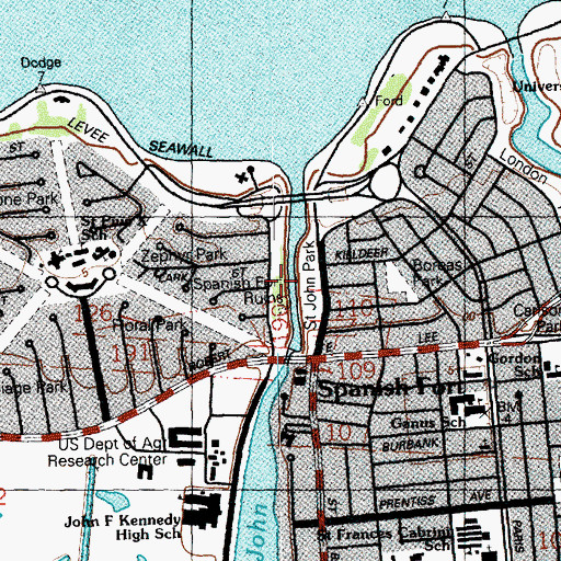 Topographic Map of Spanish Fort Ruins, LA