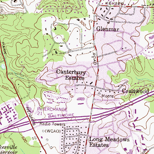 Topographic Map of Canterbury Estates, MD