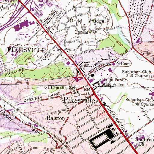 Topographic Map of Pikesville Post Office, MD