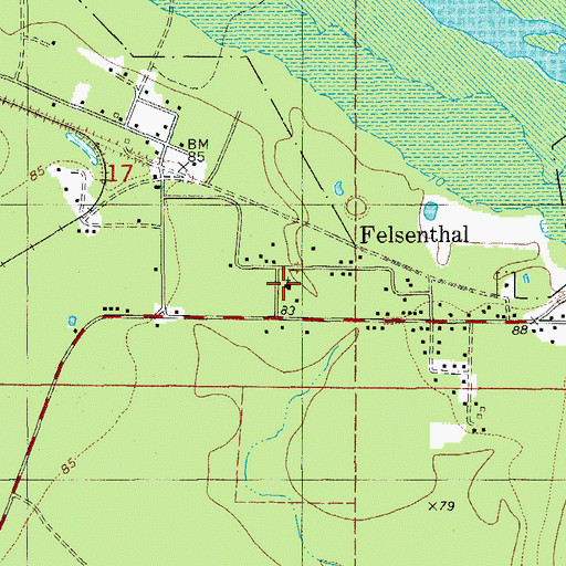 Topographic Map of Felsenthal Baptist Church, AR