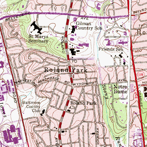 Topographic Map of Roland Park, MD