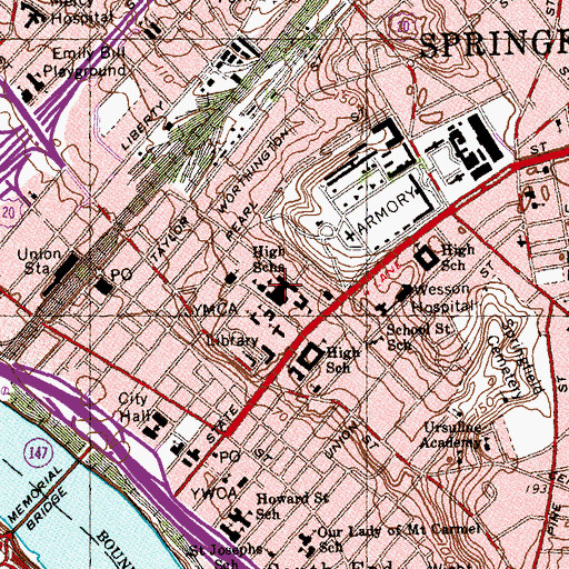 Topographic Map of Springfield High Schools, MA