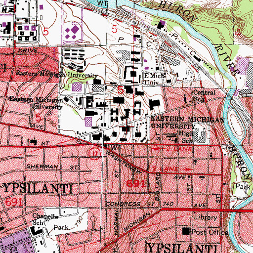 Topographic Map of Eastern Michigan University, MI