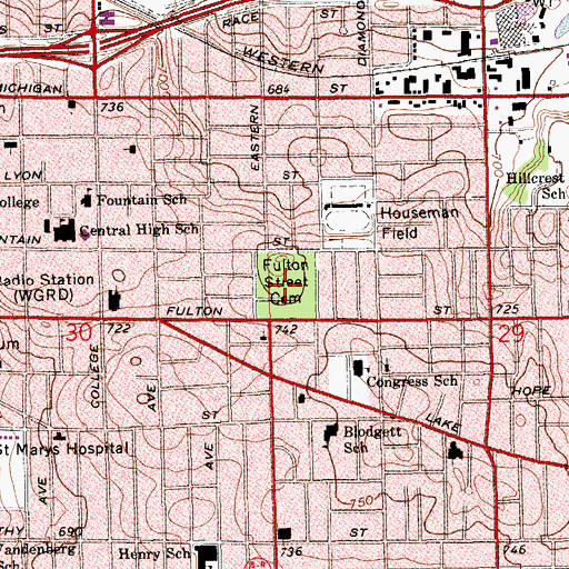 Topographic Map of Fulton Street Cemetery, MI
