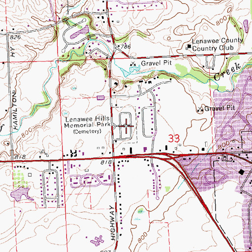 Topographic Map of Lenawee Hills Memorial Park, MI