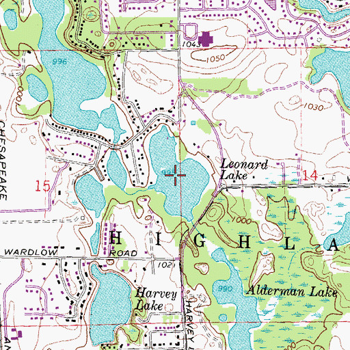 Topographic Map of Leonard Lake, MI
