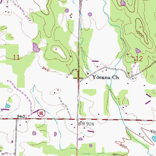 Topographic Map of Yocana, AR