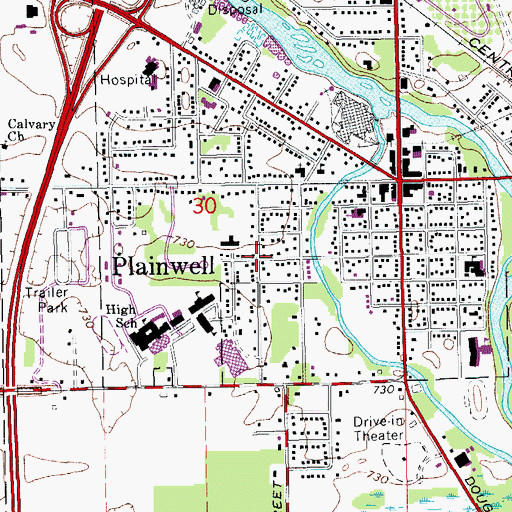 Topographic Map of Plainwell, MI