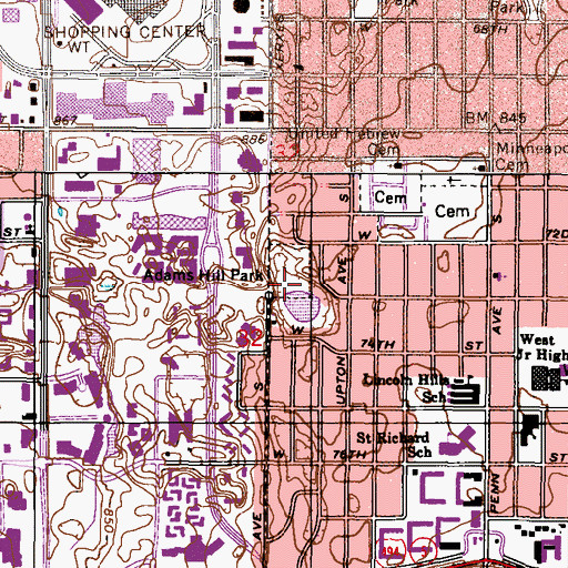 Topographic Map of Adams Hill Park, MN