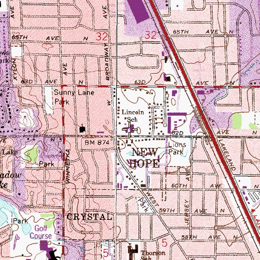 Topographic Map of Lincoln School, MN