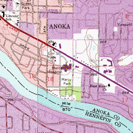 Topographic Map of Mercy Hospital, MN