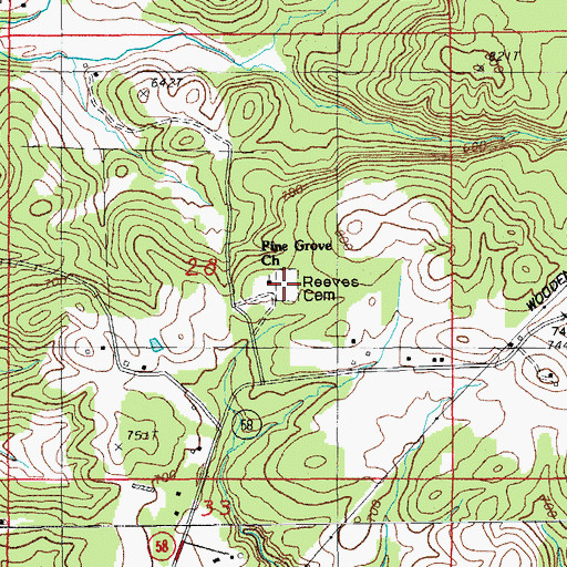 Topographic Map of Reeves Cemetery, AR