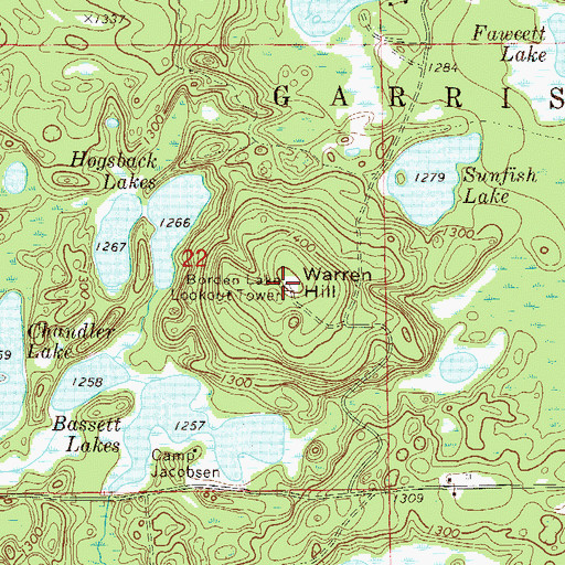 Topographic Map of Borden Lake Lookout Tower, MN