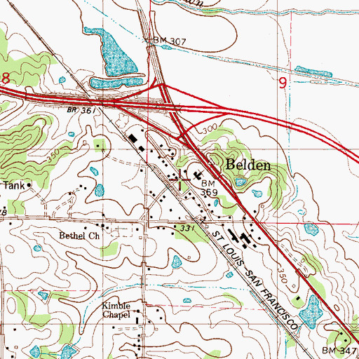 Topographic Map of Belden, MS