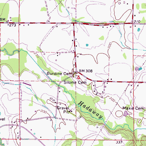 Topographic Map of Burdine Cemetery, MS