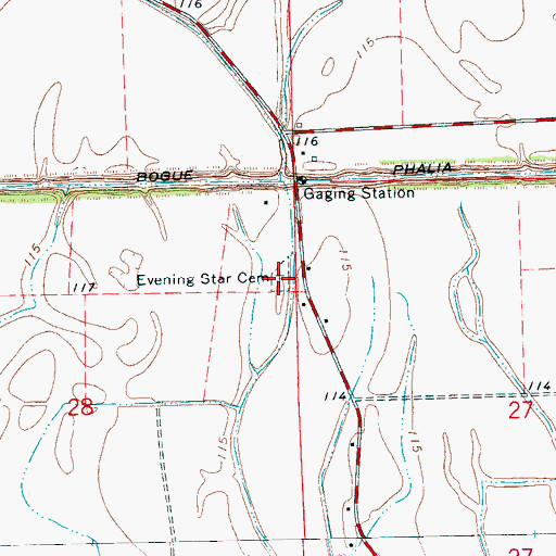 Topographic Map of Evening Star Cemetery, MS