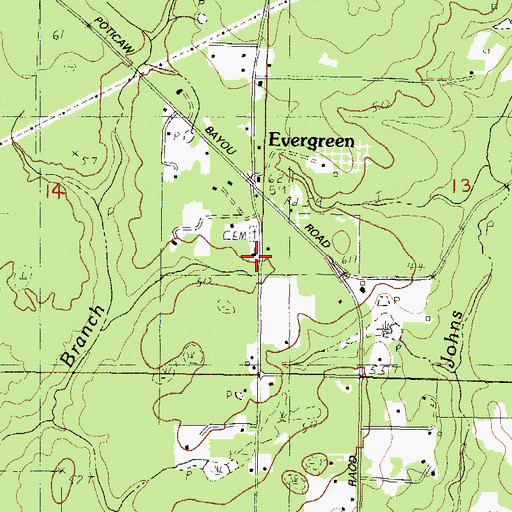 Topographic Map of Evergreen Church, MS