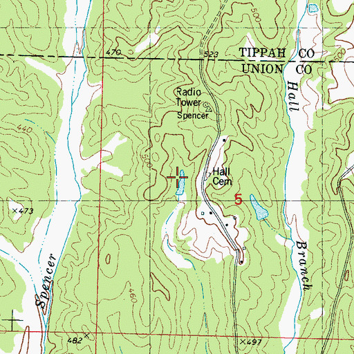 Topographic Map of Hall Cemetery, MS