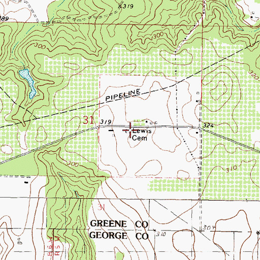 Topographic Map of Lewis Cemetery, MS