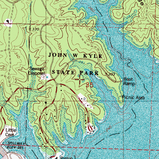 Topographic Map of John W Kyle State Park, MS