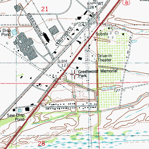 Topographic Map of Greenwood Memorial Park, MS