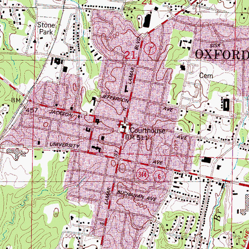 Topographic Map of Lafayette County Courthouse, MS