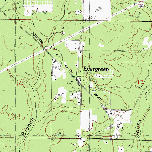 Topographic Map of Evergreen, MS