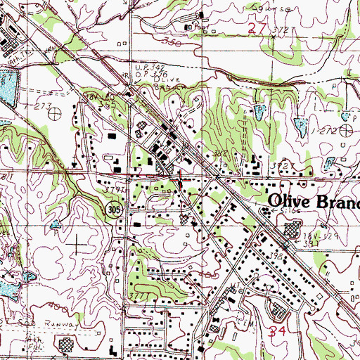 Topographic Map of Olive Branch City Hall, MS