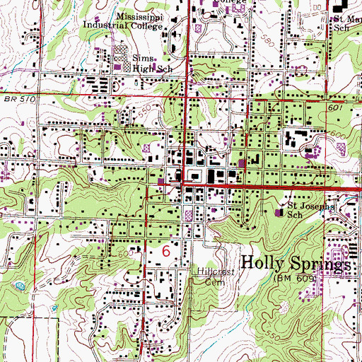 Topographic Map of Holly Springs, MS