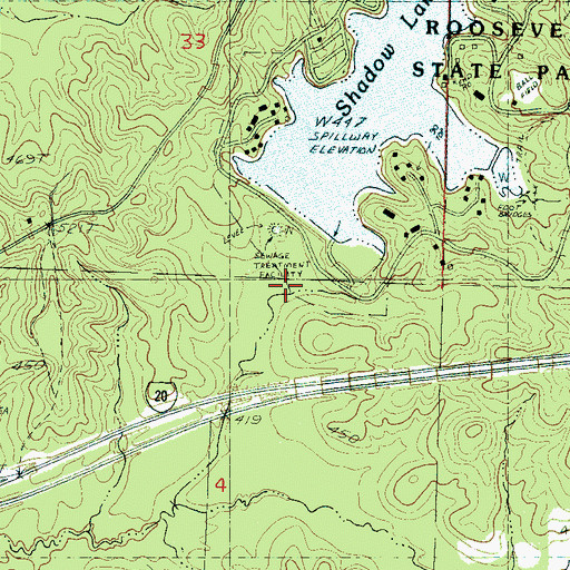 Topographic Map of Roosevelt State Park Lake Dam, MS
